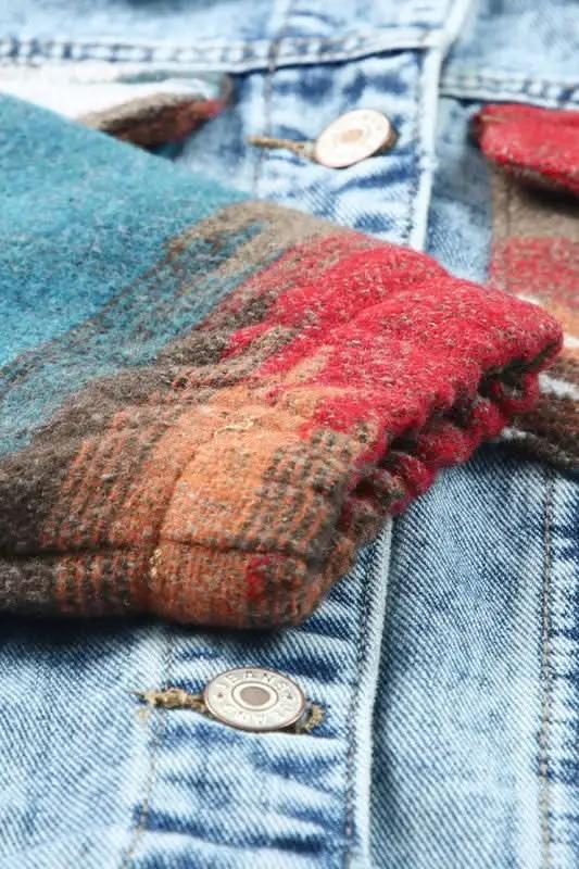 Geometric Print Frayed Hem Denim Jacket - Love Salve